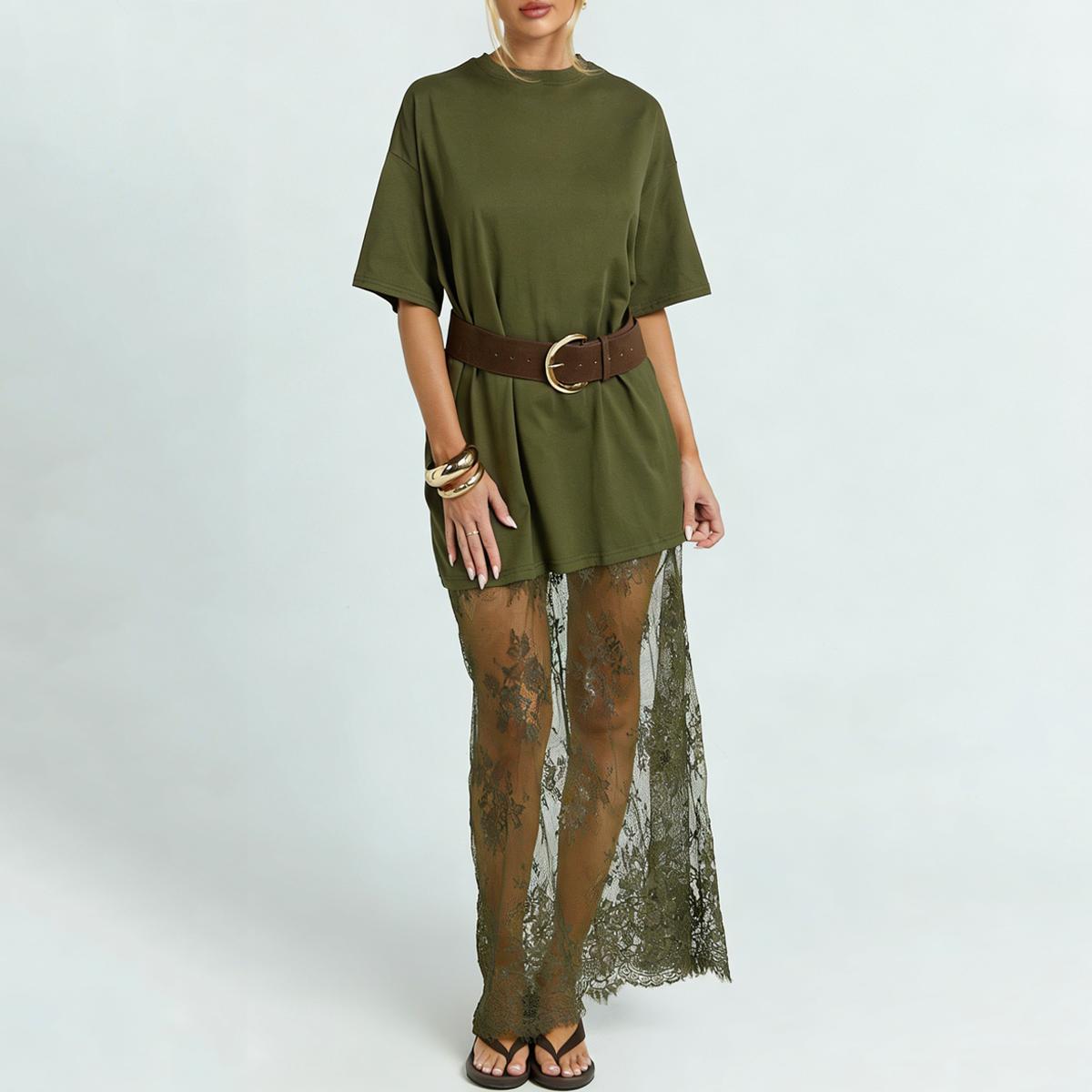 Mntaor Women's Oversized T-Shirt Maxi Dress with Sheer Lace Hem Drop Shoulder Short Sleeve Perfect for Street Style Mntaor Women's Oversized T-Shirt Maxi Dress with Sheer Lace Hem Drop Shoulder Short Sleeve Perfect for Street Style