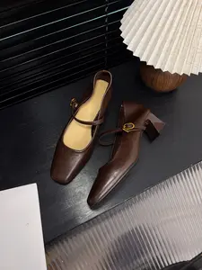 Vintage Soft PU Leather Mary Jane High Heels, 5cm Square Toe Slip-On Shoes, Casual Comfortable French Loafers for Women