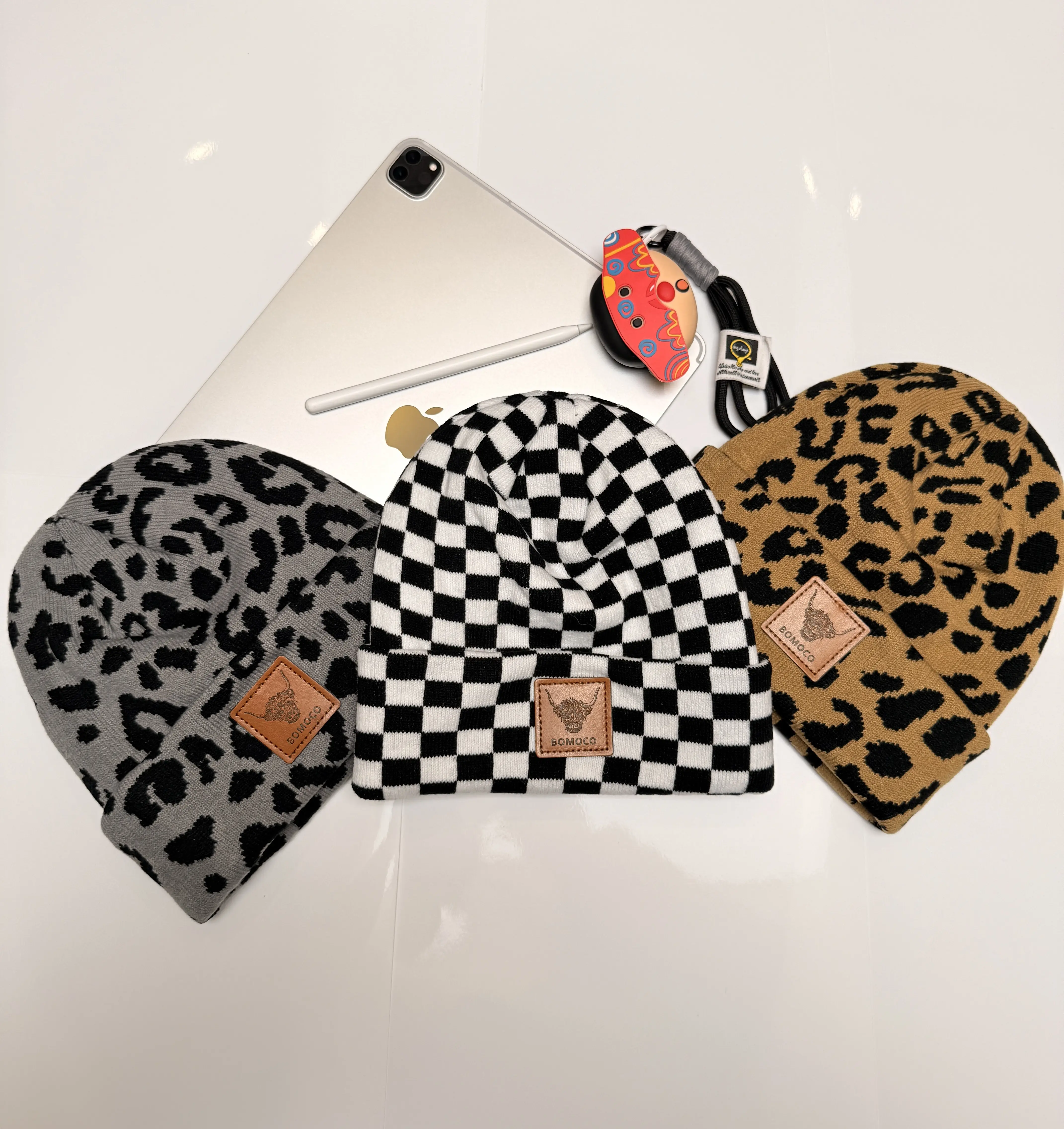 Cozy Y2K Cow and Leopard Print Beanie – Checkerboard Pattern, Unisex Design for Winter Comfort and Skiing