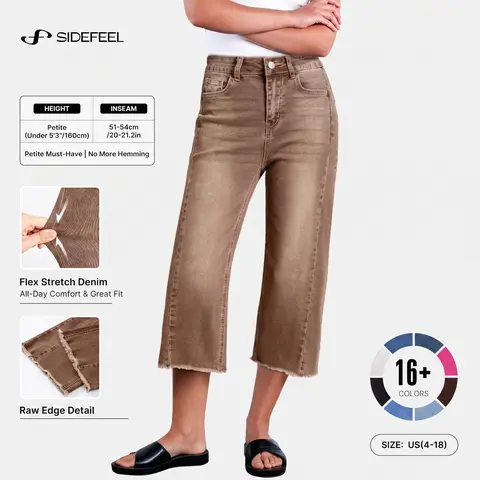 Sidefeel Women's High Waisted Wide Leg Cropped Jeans, Stretchy Flex Denim Capri Pants, Raw Frayed Hem, Loose Fit, Petite Friendly, Trendy Casual Work Outfits