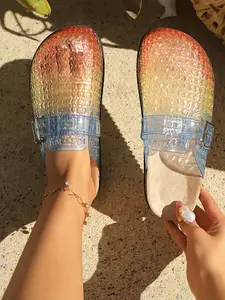 Summer New Gradient Glitter Jelly Sandals for Women, Breathable Adjustable Buckle, Casual Beach Shoes, Minimalist Style, Less Than Ankle Height