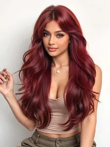28 Inch Long Curly Texture Wig with Bangs, Wine Heat Resistant Fashion Casual Wig, Perfect for Holiday Parties Thanksgiving Halloween