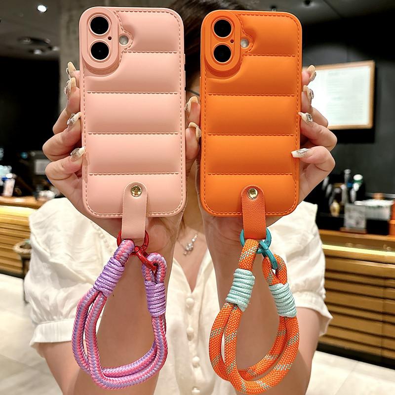 Luxury Liquid Down Jacket iPhone Case with Hand Strap | Oil Coated Protective Cover for iPhone 16 15 14 13 12 11 XR 7 8