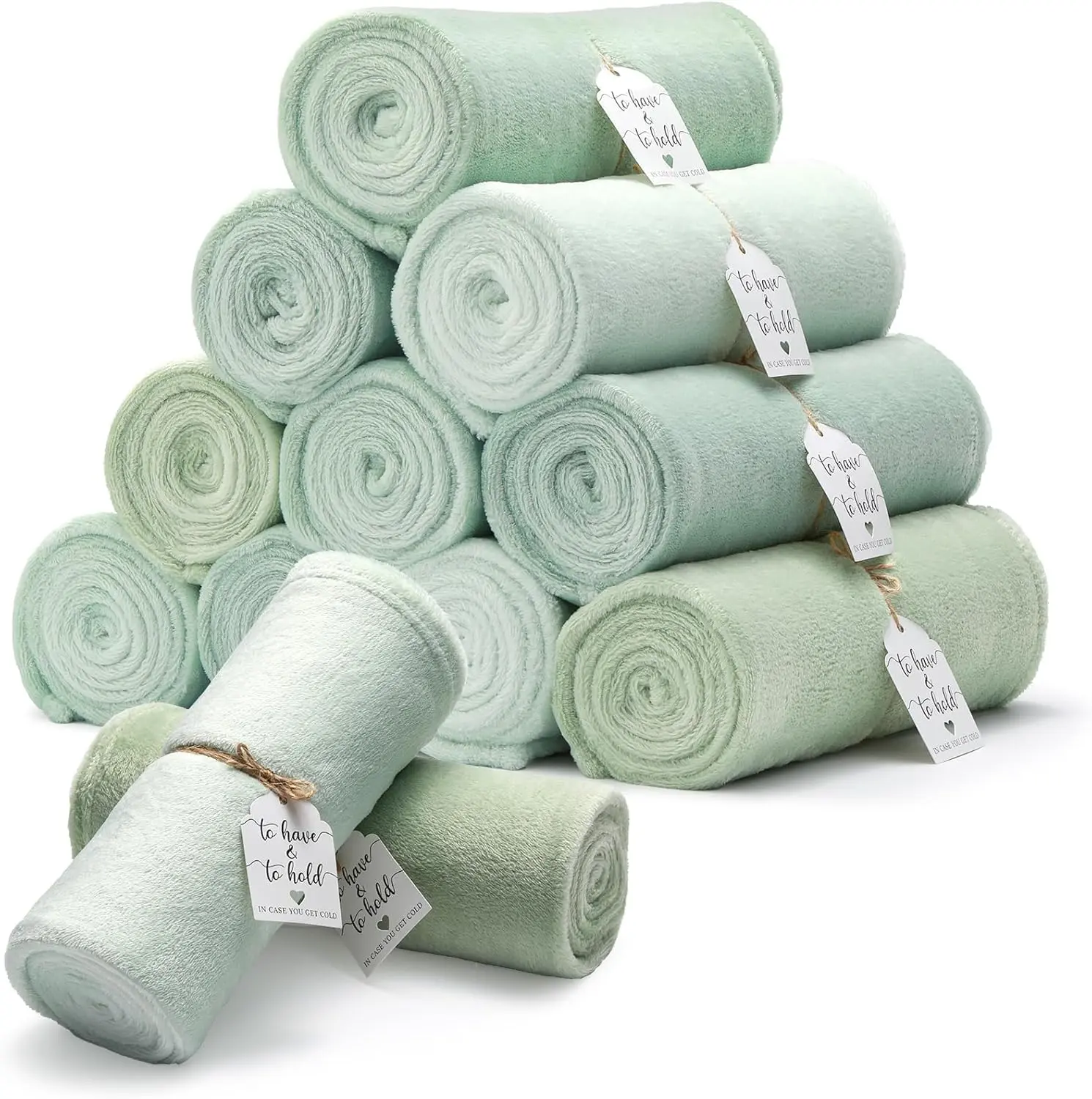 12PCS Sage Green Fleece Flannel Throw Blankets 50"x60", Equipped with Decorative Holder Cards and Tie Ropes, Lightweight Cozy All Season Throws, Premium Bulk Wedding Gift Blankets for Sofa, Couch and Bed Decor, Sage Green