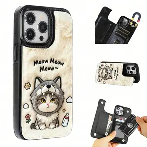 Angry Cat 2D Printed Flip Card Holder Case, Synthetic Leather & PC Shockproof Protective Cover with Card Slots, Compatible with iPhone 17 Pro Max/17 Air/16 Pro/15/14 Plus/13/12 Series & Samsung S25 Ultra/S25/S24 Ultra/S23 Ultra/S22 Ultra, Unisex Gift