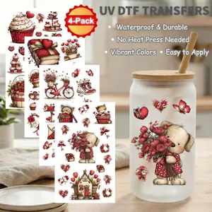 Vintage Valentine UV DTF Wraps, 4-Sheet DIY Gang Sheets for Mugs & Glass Cans, Waterproof Rub-On Transfers, Self Adhesive Stickers, Cupcakes, Cats, Mailbox & Florals
