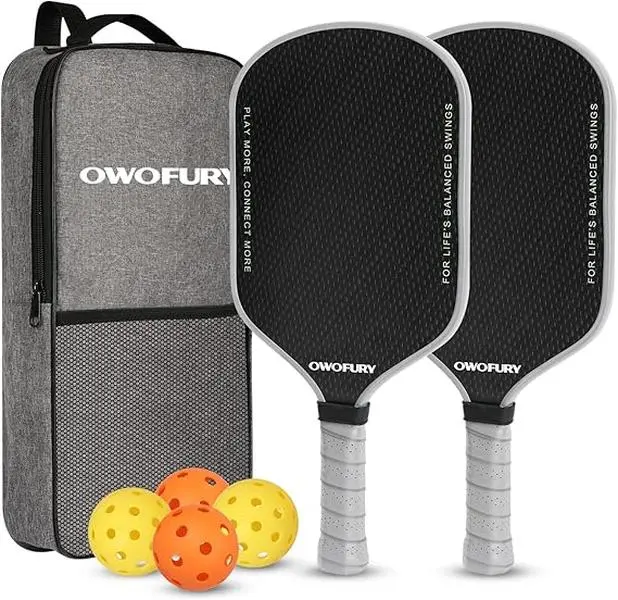 OWOFURY Pickleball Set with 2 Lightweight Fiberglass Paddles, Honeycomb Core for Controlled Touch, 4 Balls & Bag for Men Women, Fiber Glass, Unisex, Indoor Outdoor