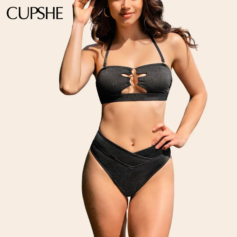 CUPSHE Women's Shine-Spark Bikini Set - Sparkle Fabric Bandeau Top, High-Waisted Cheeky Cut Bottoms, V-Front Design for Summer Pool & Beach Party
