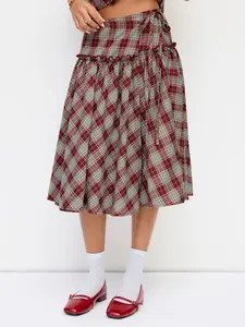 Cider Mid Rise Tartan Lettuce Trim Knotted Midi Skirt