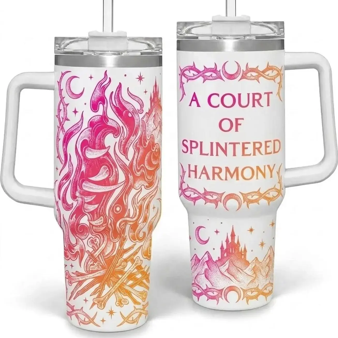 A Court of Splintered Harmony 40oz 30oz 20oz Tumbler , Fantasy Book Lover Insulated Travel Mug, Sunset Fire Castle Stainless Steel Cup, Romantasy Aesthetic Drinkware, Bookish Gift