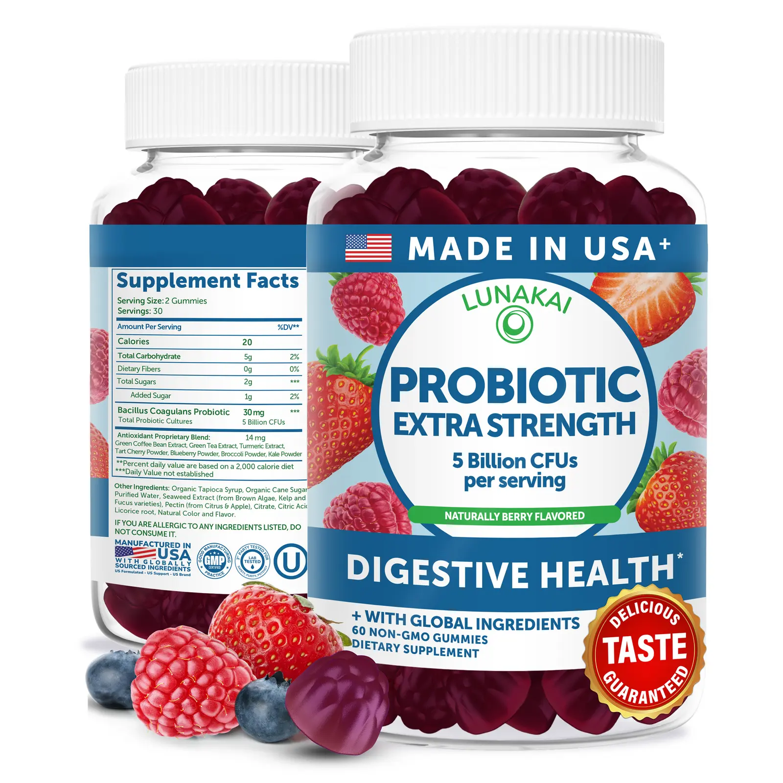 Lunakai Probiotic Gummies for Digestive Health - 5 Billion CFUs Delicious Proprietary Formula Supplement Dietary