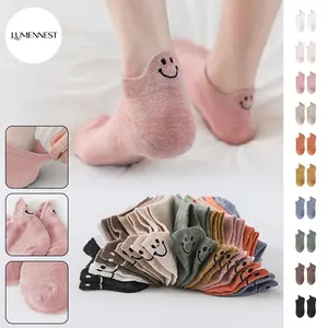 LUMENNEST Women's Cotton Embroidered Cartoon Short Crew Socks, Lovely Novelty Smiley Face Soft Invisible Socks, Thin Breathable Ankle Socks
