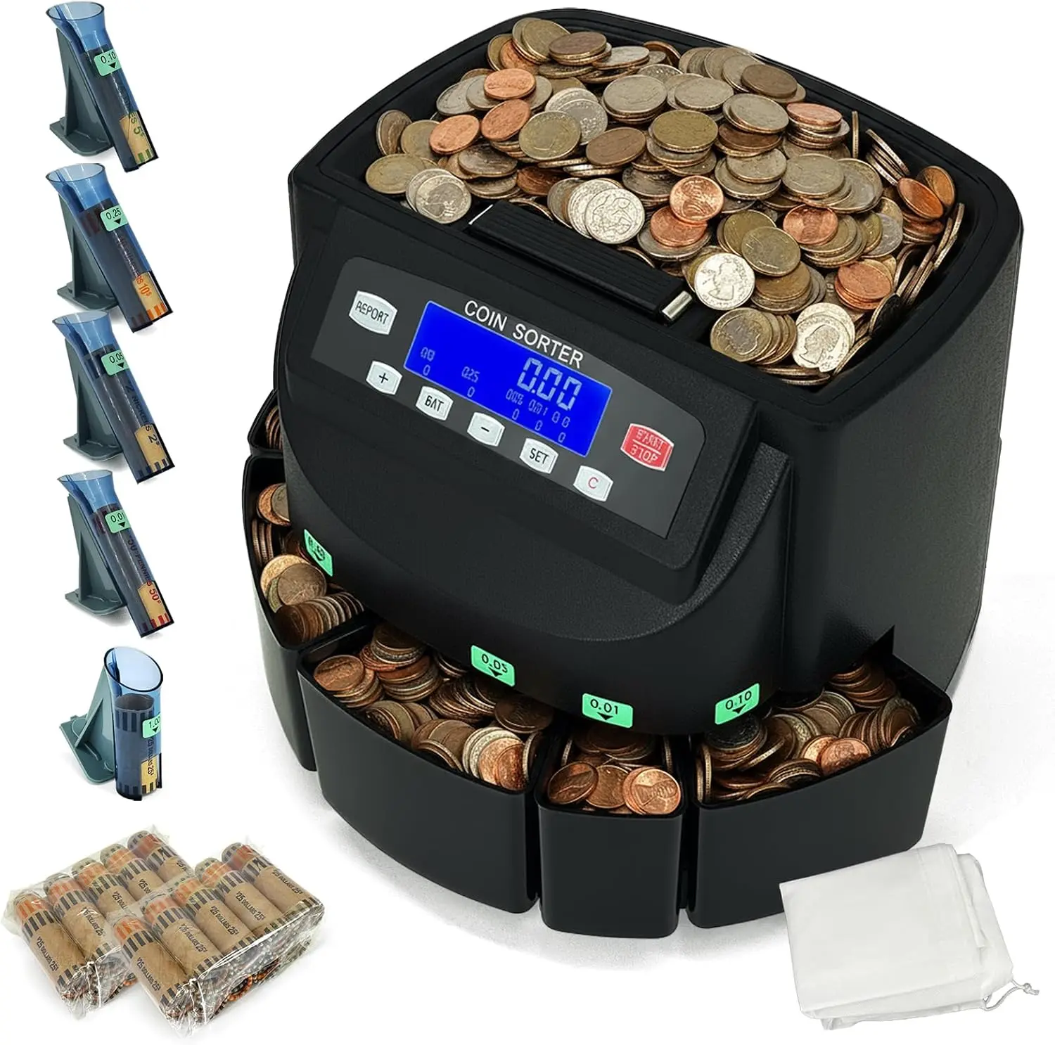 Business Grade USD Counter & Sorter Machine with LCD Display, Automatic Wrapper, 5 Bins & 5 Tubes, 1/5/10/25 Cents/$1 Sorting, 300 Coins/Min Speed, 2000-Coin Capacity (Matte Black)