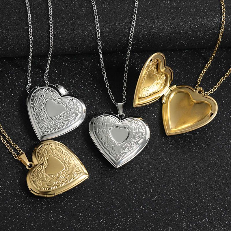 Stainless Steel Openable Heart Locket Necklace with Floral Pattern ...