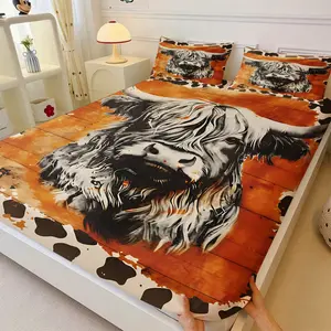 Vintage Highland Cow Fitted Sheet Set, 1 Fitted Sheet + 2 Pillowcases - 3 Pcs Ultra Soft Breathable Deep Pocket Bedding, Orange Cow Print Bed Sheets for Rustic Bedroom, All Season Use, Full Size