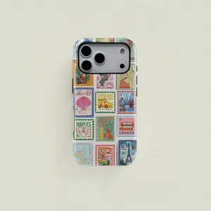 Colorful retro travel landmark patchwork pattern double-layer protective case, sturdy and durable 2-in-1 case, compatible with iPhone 17/16/15/14/13/12/11 Pro Max/Plus/Pro, Samsung Galaxy S26/S25/S24/S23 Ultra/Plus series, simple and stylish phone case.