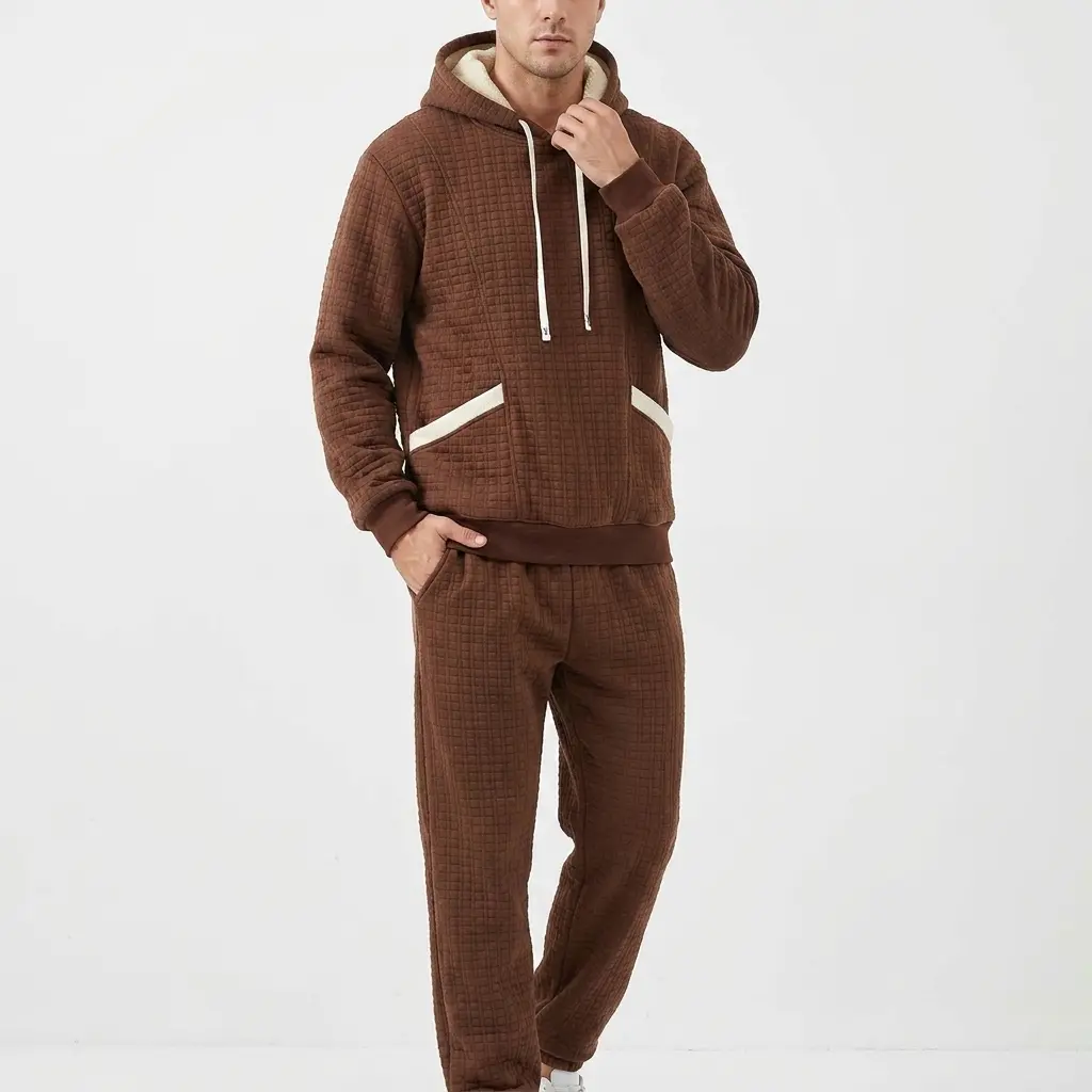 Men's Coffee brown plush lined sports outfit, a warm and thick hooded sweatshirt and sweatpants set, loose and casual street style, suitable for young men, for daily home wear in autumn and winter.