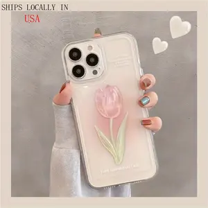 Pink tulip transparent phone case suitable for iPhone 11 12 13 14 15 iPhone 14 13 12 11 Pro Max XS XR X 7 8 Plus SE 12 13 Mini series phone cases, suitable for Christmas and Halloween gifts for girlfriends, boyfriends, and friends Protection Wireless