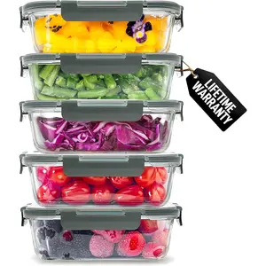 Kitchen 5 Piece Large 36oz Glass Container Set with Lids - Premium Free Borosilicate Glass Food Storage Containers - Meal Prep - Microwave, Freezer & Oven Safe - Gray