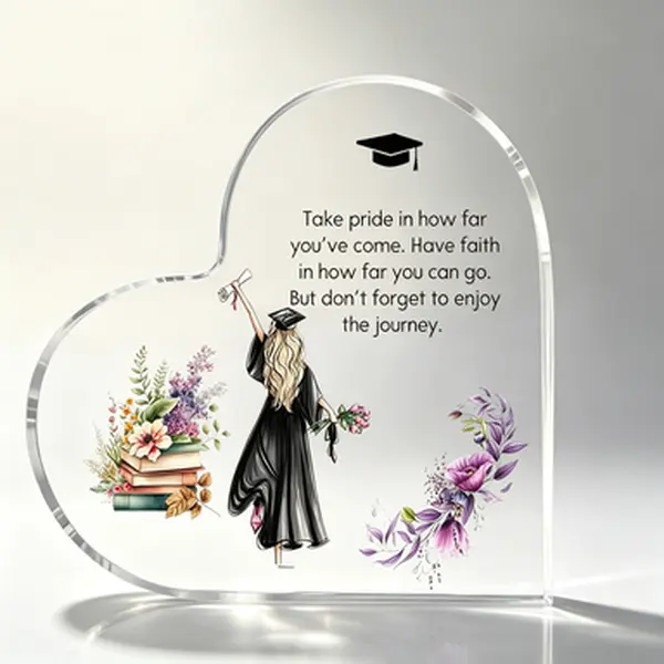 Decorative Acrylic Heart Graduation Plaque - Floral-Infused Home Decor Sign, Milestone Inspirational Keepsake Gift for Female Graduates, Indoor Tabletop Centerpiece Desk Ornament