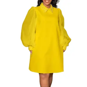 D371 Women's Yellow Rhinestone Collared Tulle Puff Sleeve Dress Loose A-Line Short Cocktail Party Occasion Plus Size Mesh Beaded Elegant