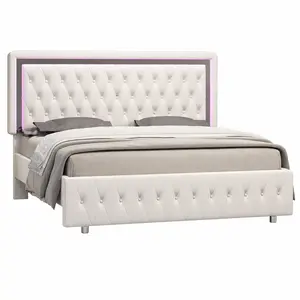 [MothersDayGift] #Summervibes AMERLIFE Modern Bed Frame with RGB LED Lights, Adjustable Headboard Velvet Button Tufted/Acrylic Mirror Accents/Smart APP&Remote Control/No Box Spring Needed/Furniture Room/Full/Queen Size/Best Gift Ideas/Christmas Gifts