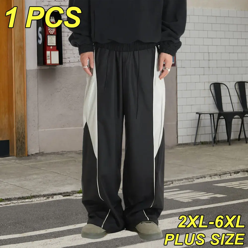 2XL–6XL Plus Size Men’s Black & White Colorblock Jogger Pants with White Side Stripes, Extra Loose Draped Floor-Length Straight-Leg Sweatpants with Contrast Paneling and Drawstring Elastic Waist—suitable for everyday wear, casual outings, and campus outfi