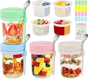 Premium 4-Piece Overnight Oatmeal Container Set 16 oz Glass Mason Jars with Airtight Lids & Spoons Leakproof Yogurt Parfait Cups for Oatmeal Chia Pudding Cereal Salad