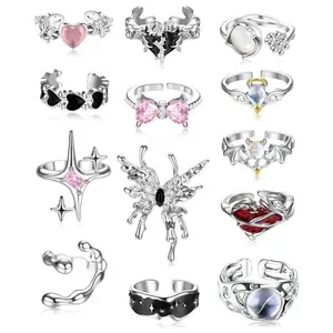 13 PCS Y2k Rings for Women Vintage Irregular Chunky Adjustable Gothic Goth Open Moonstone Butterfly Star Pink Heart Cool Statement Ring Set with Retractable Keychain