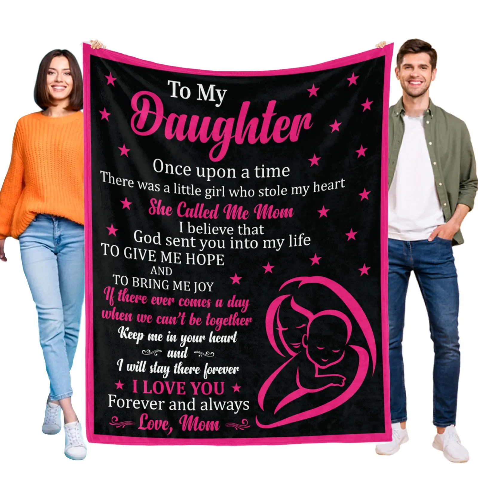 To My Daughter Blanket from Mom, Birthday Gift for Daughter, Soft Flannel Throw Blanket with Loving Quotes & Mother-Daughter Silhouette, Ideal for Bedroom Decor