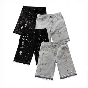 Street Style Hip-Hop Cross Shorts With Diamonds, Straight-Leg Diamond-Studded Five-Point Jeans