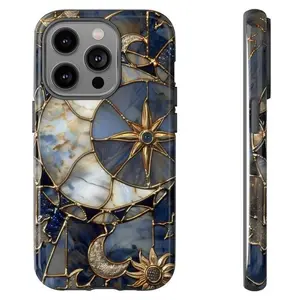 Moon And Stars Celestial Stained Glass Printed Tough Phone Case for iPhone Series with Dual-Layer Defense and Wireless Charging Ready |   Starry Night Sky Space Print Fashion Trendy High Quality Design Accessories |   iPhone Series Cover