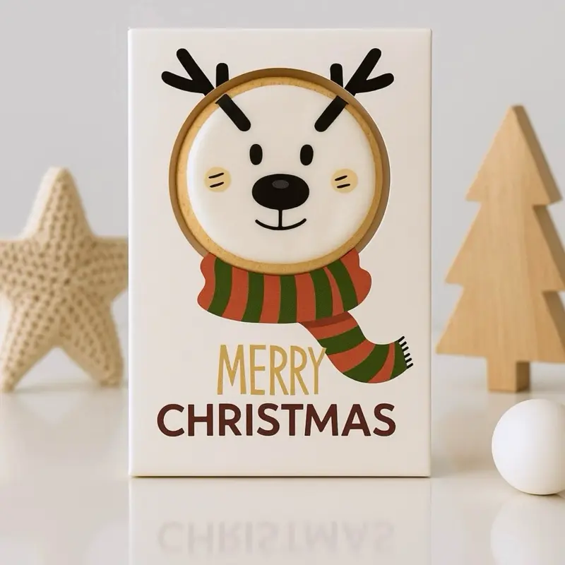Cookie AR Edible Merry Christmas Reindeer Card with Festive Red Green Scarf and Bold Lettering for Family Friends and Coworkers