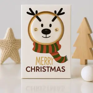 Cookie AR Edible Merry Christmas Reindeer Card with Festive Red Green Scarf and Bold Lettering for Family Friends and Coworkers