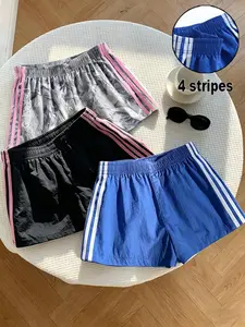 3-Pack Summer Casual Athletic Shorts, Athleisure Casual Shorts, Summer Sports Shorts, Solid Color & Camo Print, Elastic Waist, Side Stripes, Loose Fit, Women's Daily Wear