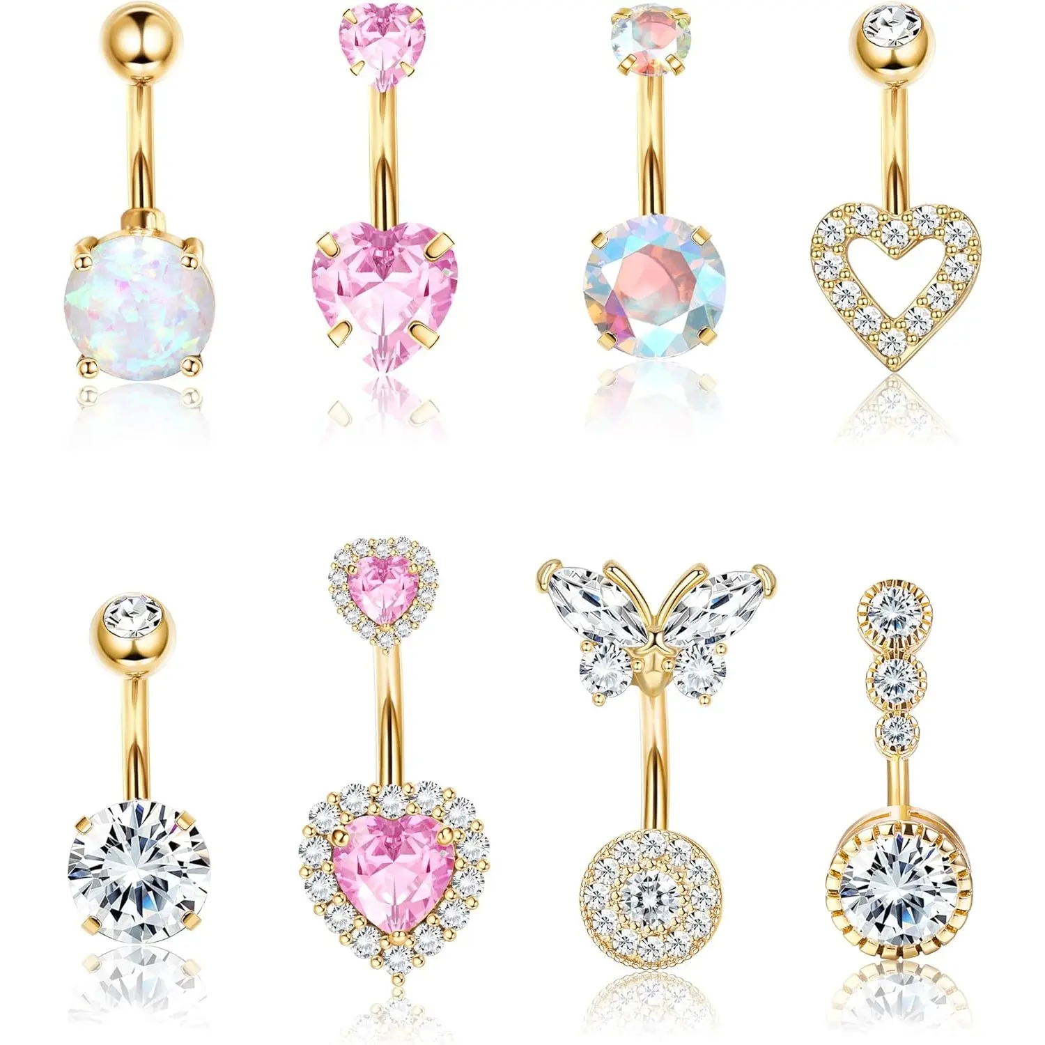 Milacolato 14G Standard Size Surgical Steel Body Jewelry, 8Pcs Unisex Hypoallergenic Pink Heart & Created-Opal Butterfly Navel Piercing Rings for Women's Daily Summer Wear