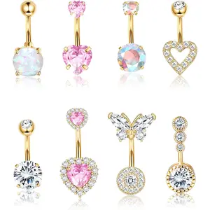 Milacolato 14G Standard Size Surgical Steel Body Jewelry, 8Pcs Unisex Hypoallergenic Pink Heart & Created-Opal Butterfly Navel Piercing Rings for Women's Daily Wear