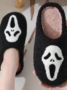 Dark Ghost Face Plush Home Slippers, Classic Scream Mask Pattern, Soft Skin-Friendly Lining, Non-Slip Thick Sole, Comfortable Casual Indoor Shoes