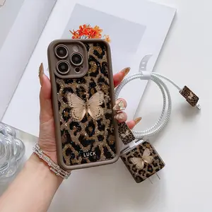 6-Piece Bamboo Leopard Print Protective Phone Case Set with Charger Protectors, Data Line Organizer, Anti-Tangle Gadget for iPhone 11 to 16 Series Gifts for Family or Girlfriend Butterfly