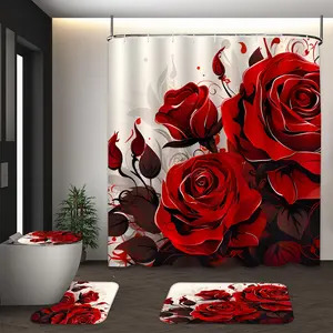 LVRLVR 4Pcs Red Rose Floral Print Romantic Modern Multi-Color Bathroom Decor And Accessories Shower Curtain Set 70.8×70.8 Inch