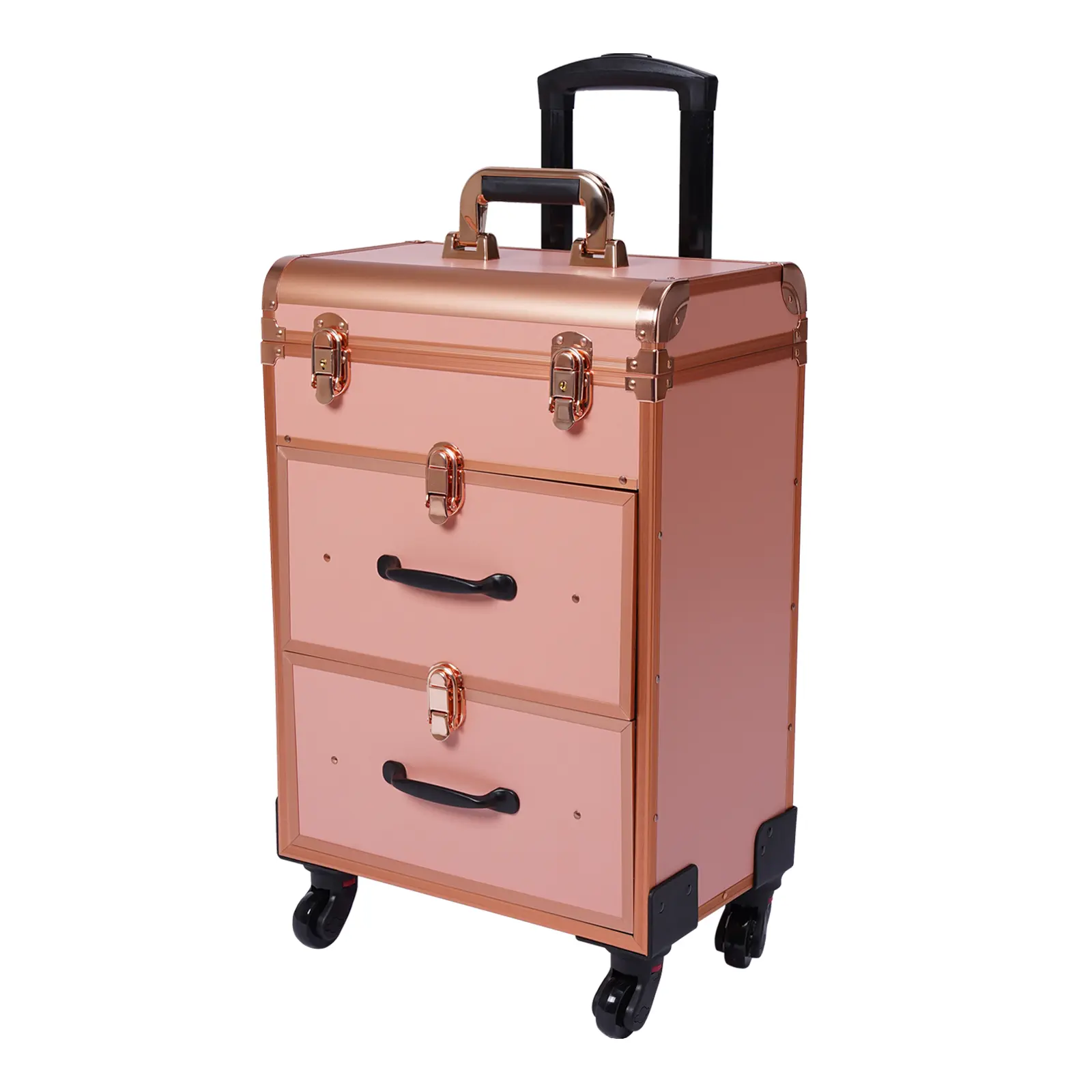 CNCEST 3-Tier Lockable Rectangular Rolling Makeup Case - Durable Aluminum Cosmetic Organizer with Large Capacity, Universal Wheels, Portable Storage for Beauty Artists & Travel Must Haves
