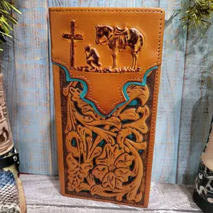 Praying Cowboy Western wallet lasercut and embossed long bifold wallet tan and tear genuine leather