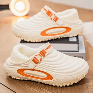 Men's Waterproof Cotton Slippers Autumn Winter Indoor Home Non-Slip Odor-Resistant New Heel Warm Fleece Lined Cotton Slippers with Orange Straps