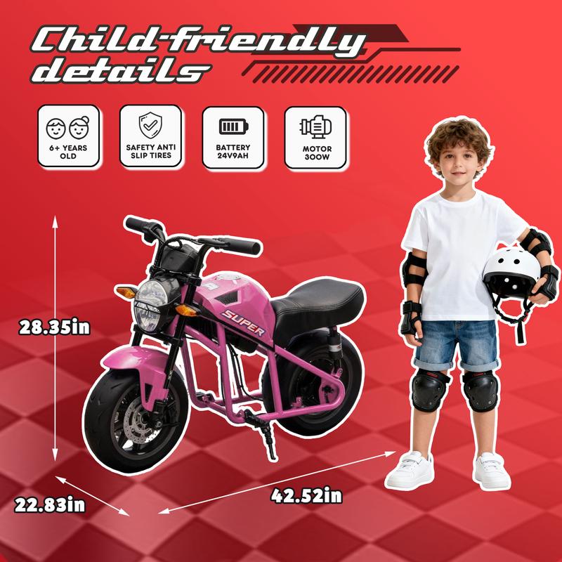 Treaded Fun Nook,24V XL Electric Ride-On Motorcycle for Kids 6+, Electric Mini Kids Dirt Bike, 300W High-Speed Motor, Dual Suspension, 14in EVA Wheels, Twist Throttle, Music & Lights