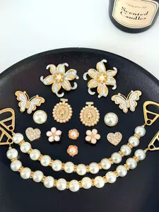 16-Piece Gold Pearl Elegant Holes Shoe Buckle Set, Flower Butterfly Chain Decorations, Trendy Hole Shoes Accessories, Shoe Decoration Charms