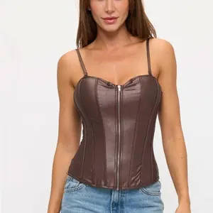 Sleeveless Corset Top - Leather Look, Zipper Front, Adjustable Straps, Slimming Design, Perfect for Layering