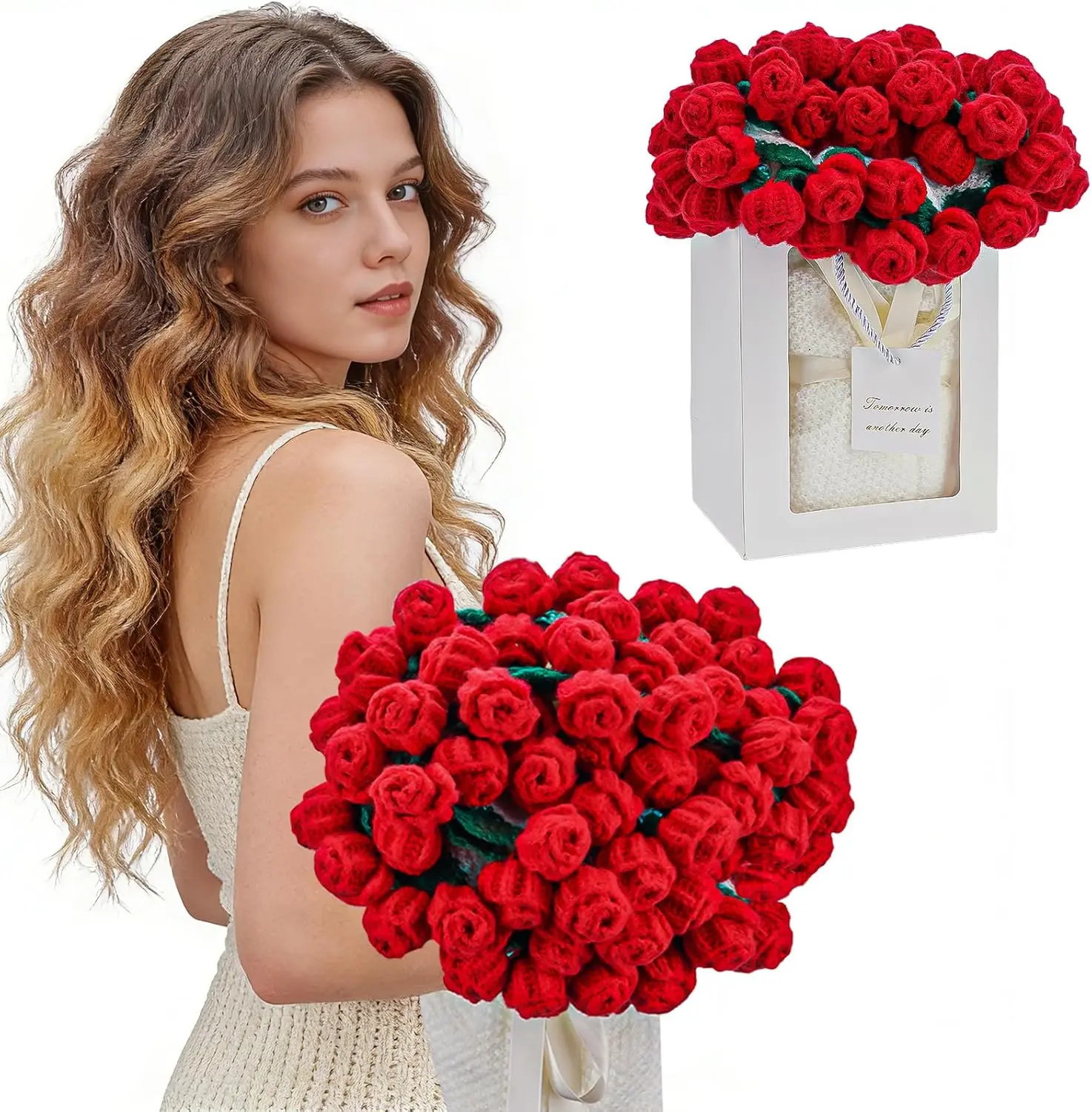 52 Flowers 43in Handmade Crochet Rose Bouquet Blanketwith Gift Bag - Red Rose Flower Bedspread, Thick Brushed Throw Suitable For - Cozy Gifts For Women, Machine Washable Suitable For Mom, Wife, Grandma, Birthday Present
