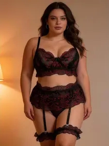 Plus Women's Date Night 5-Piece Baby Doll Lingerie Set: Underwire Bra with Mesh, Corset Bikini & Detachable Lace Thigh Garters ling Elegance Accessory Style lingerie set