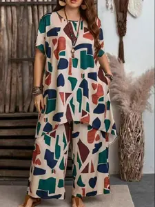 【Plus Size】 Geometric Print Top & Wide Leg Pants Two-Piece Set, Casual Fashion Cozy Top & Trousers for Daily Outdoor Wear, Women's Outfits for Summer, Casual Lounge Set, Clothes