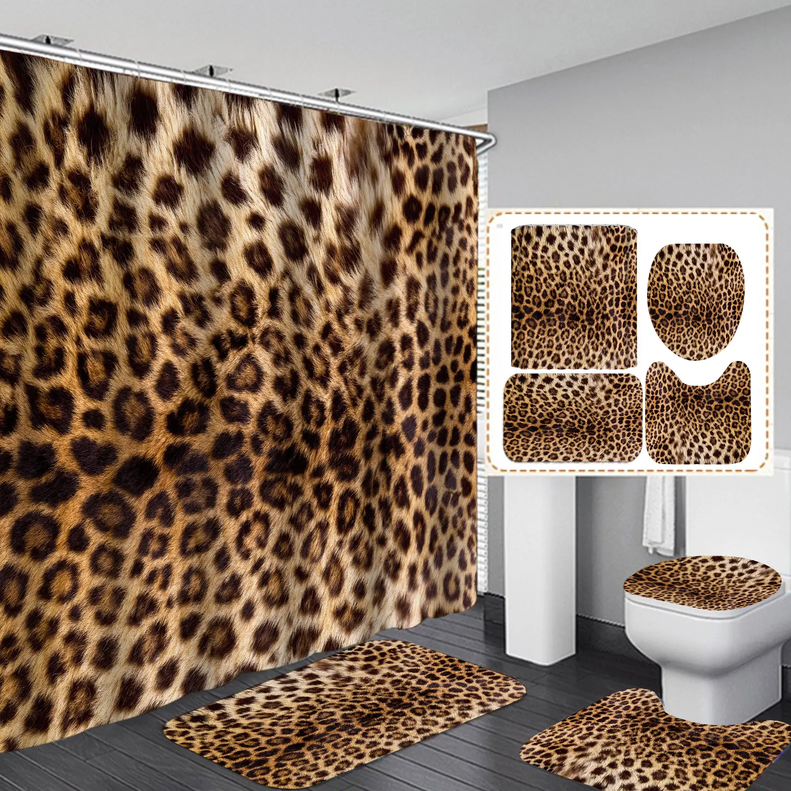 4Pcs Fashion Leopard Print Bathroom Decor Set, Shower Curtain, Floor Mat, U-shaped Mat, Toilet Cover Mat, Suitable for the Pursuit of Personality You